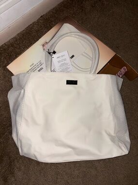 2010 Jimmy Choo White Leather Tote with Textured Side Panels and Rolled Handles